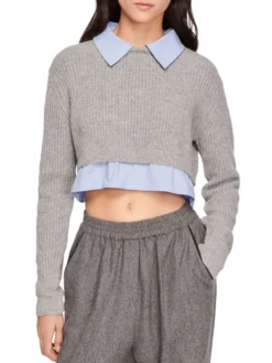 SANDRO ΚΟΝΤΟ ΠΛΕΚΤΟ ΠΟΥΛΟΒΕΡ Γκρι -Γυναικεια Ρουχα Κατάστημα 50 34