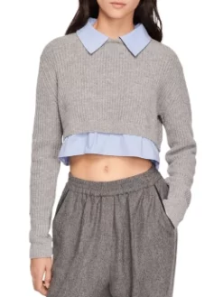 SANDRO ΚΟΝΤΟ ΠΛΕΚΤΟ ΠΟΥΛΟΒΕΡ Γκρι -Γυναικεια Ρουχα Κατάστημα 50 35